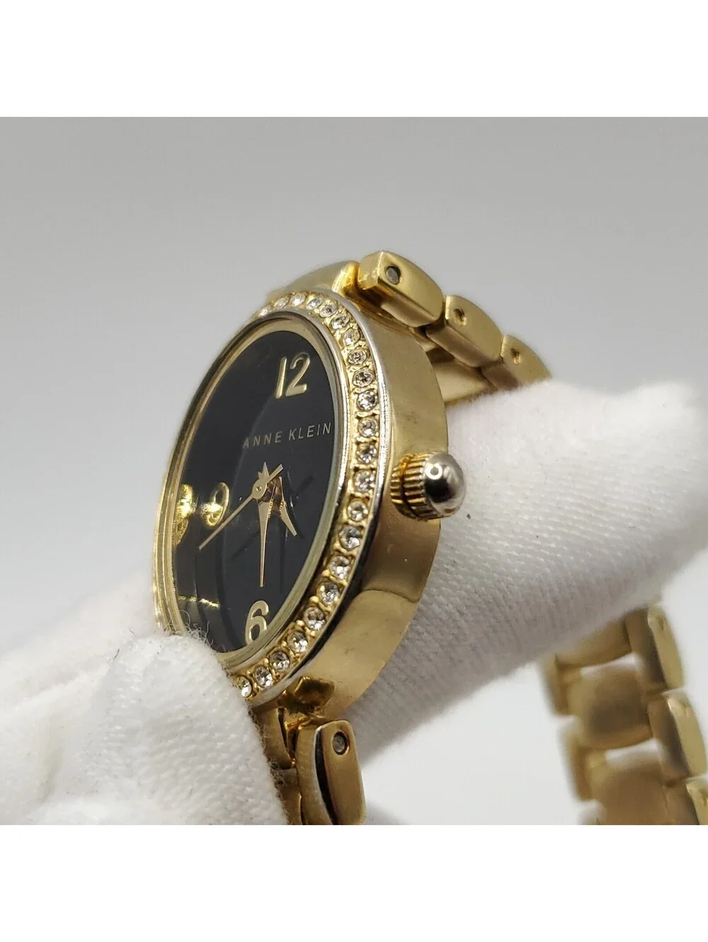 Anne Klein Oval Rhinestone Bezel Black Dial Womens Watch 19mm New Battery